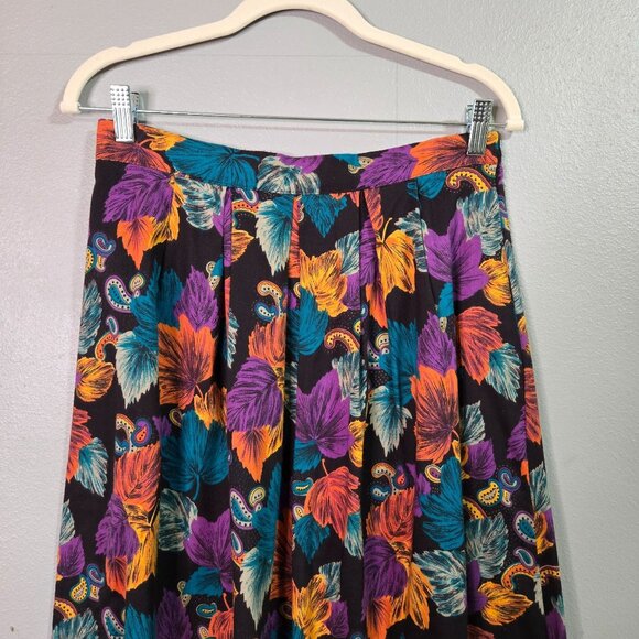 Vintage Womens M Fall Leaf Leaves Floral Pleated A-Line Skirt Black Multicolor - Picture 2 of 7